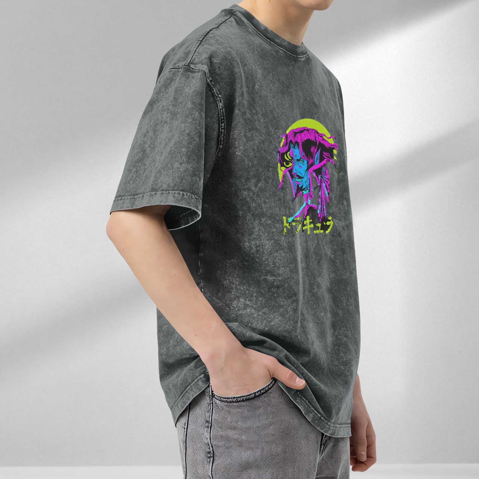 Distressed washed black loose short-sleeved T-shirt anime vampire Dracula neon style print Japanese Japanese design trendy brand top