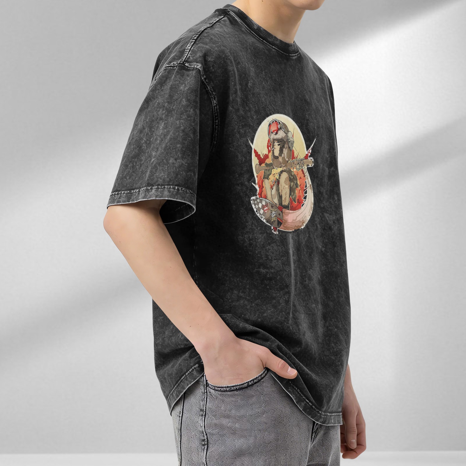 Oversized Acid Wash T-Shirt with Retro Pilot Graphic Print