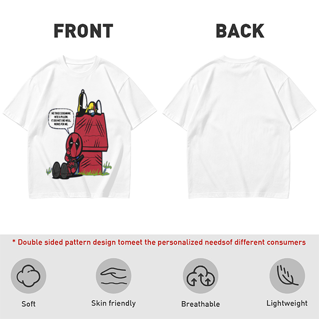 Olive t-shirt with Deadpool and Snoopy mashup graphic