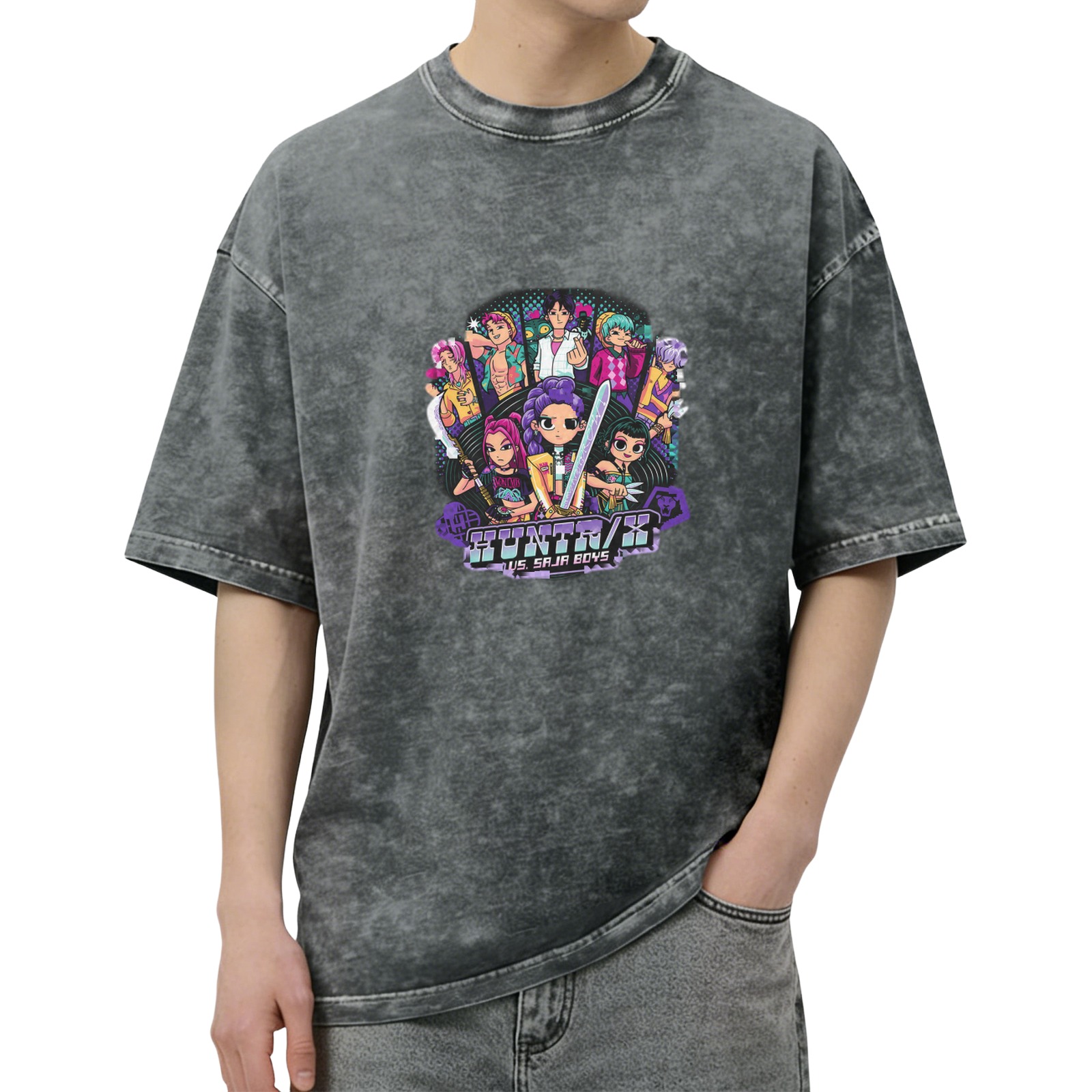 Oversized Acid Wash Graphic T-Shirt with Anime 'HUNTR/X vs. SAJA BOYS' Print