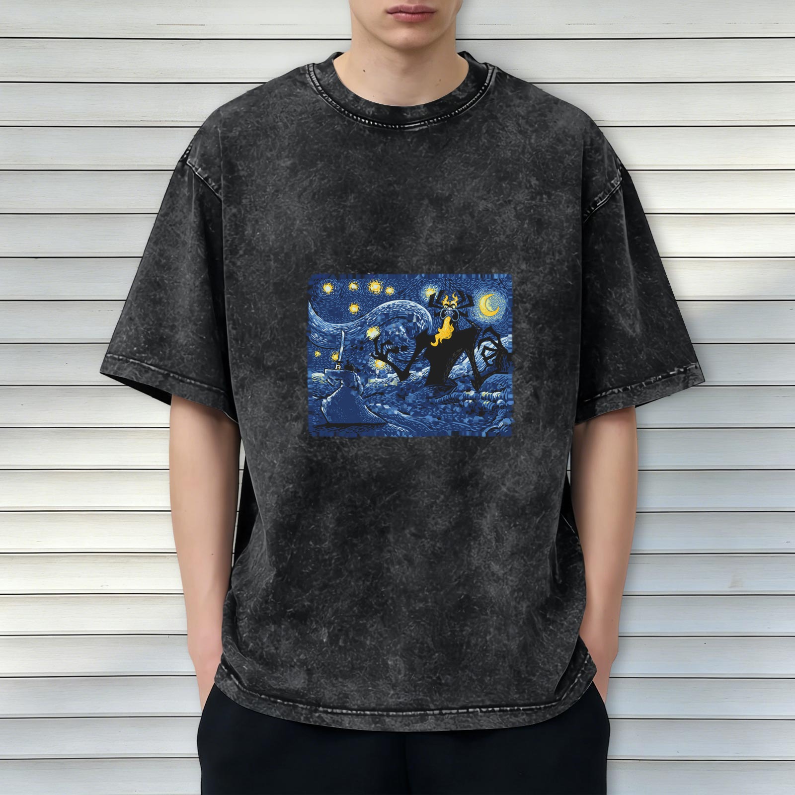 Washed Black T-Shirt with Starry Night Samurai Villain Graphic