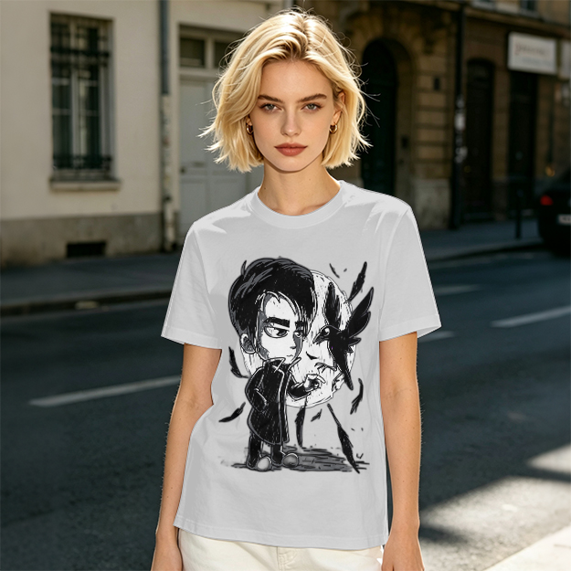 Olive T-Shirt with Chibi Dark Character and Crow Print