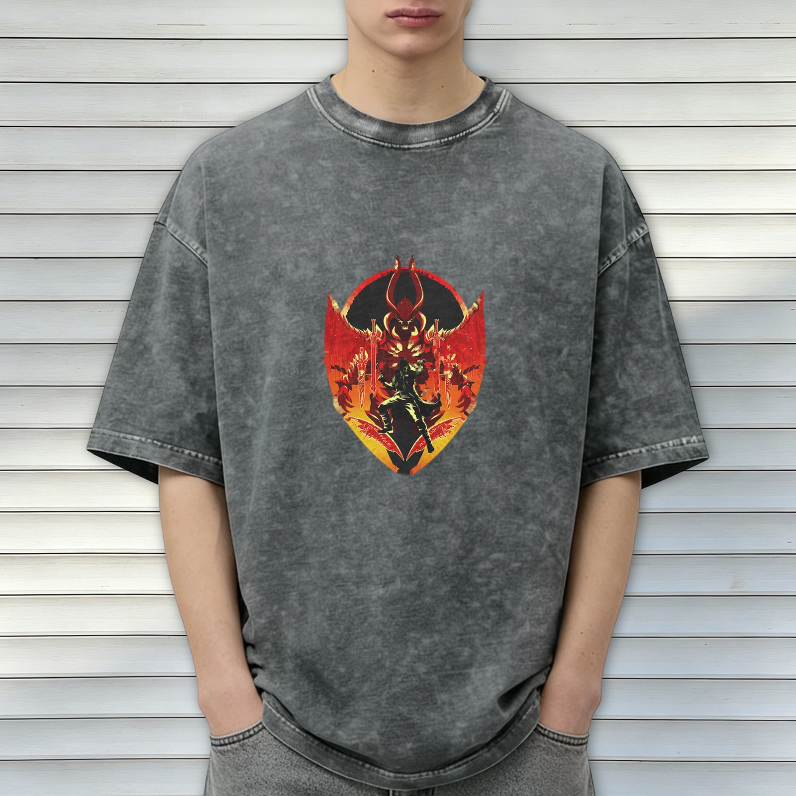 Washed Black Graphic T-Shirt With Fiery Demon Emblem Design