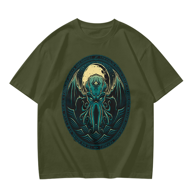 Olive Green T-Shirt with Cthulhu Monster Graphic Print
