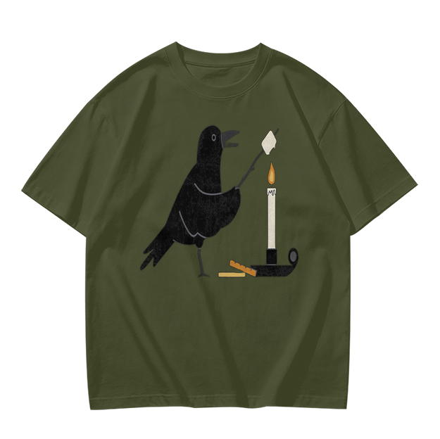 Olive T-Shirt With Crow Roasting Marshmallow Over Candle Print