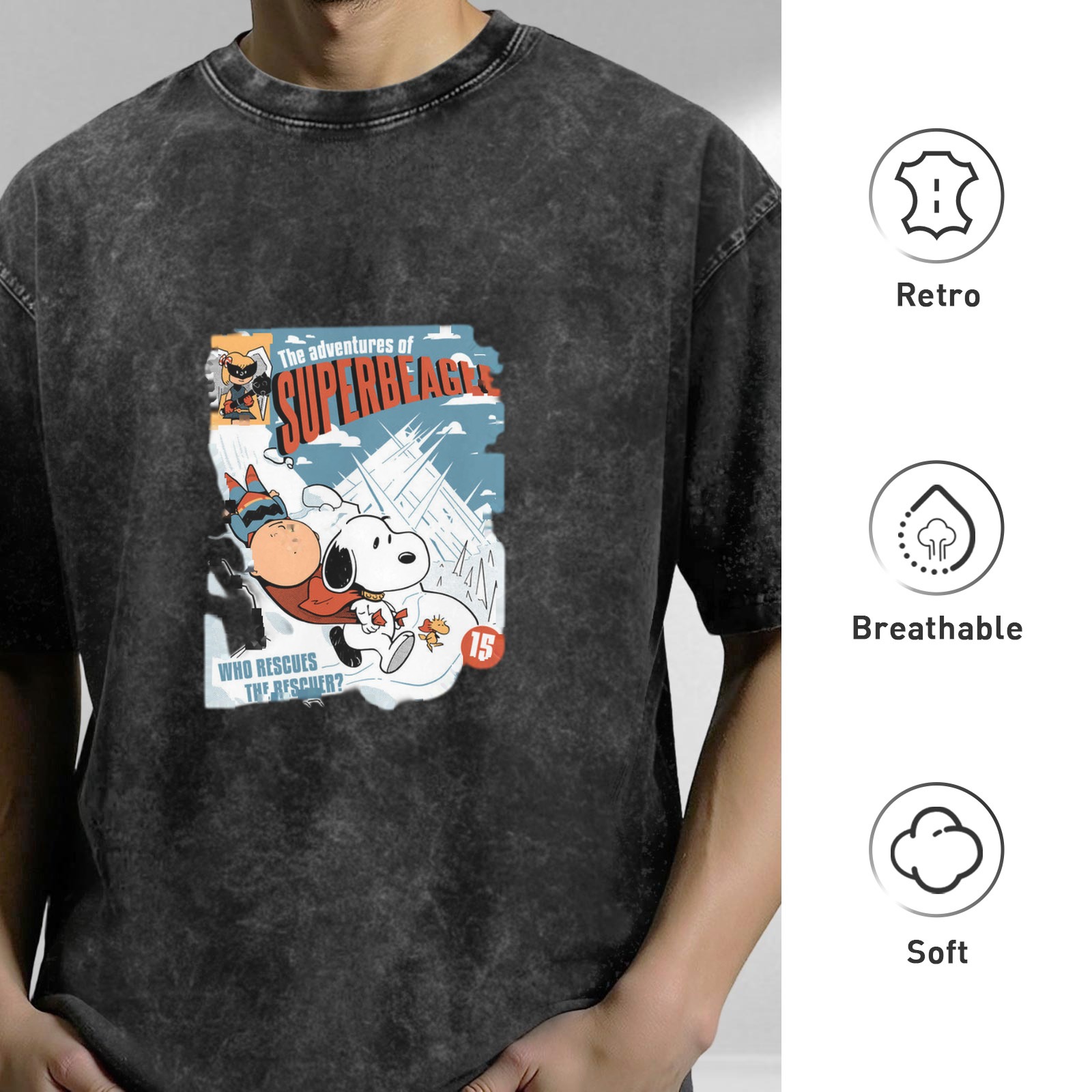 Snoopy Superbeagle Comic Print Oversized Acid Wash T-Shirt