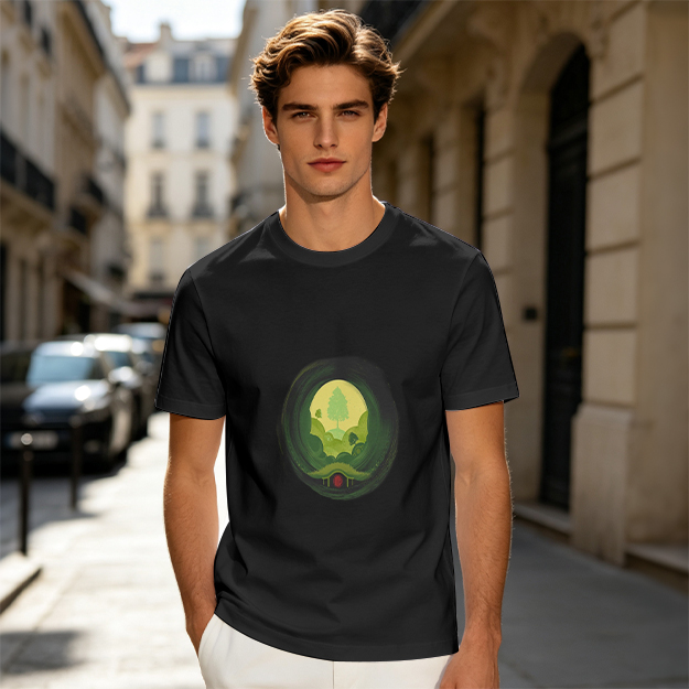 Olive Green T-Shirt with Hobbit Hole Landscape Art Print