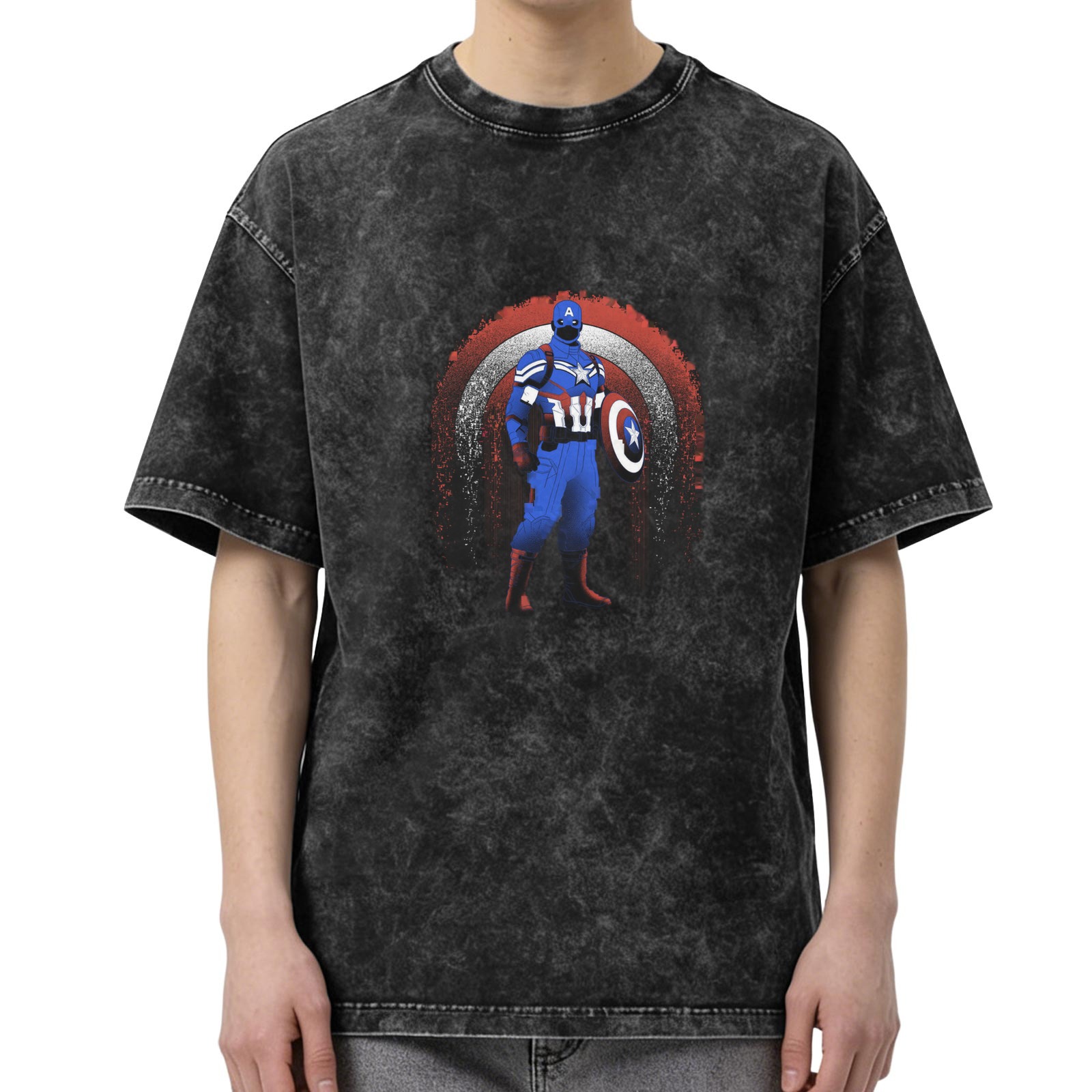 Washed Black T-Shirt with Captain America Graphic Print