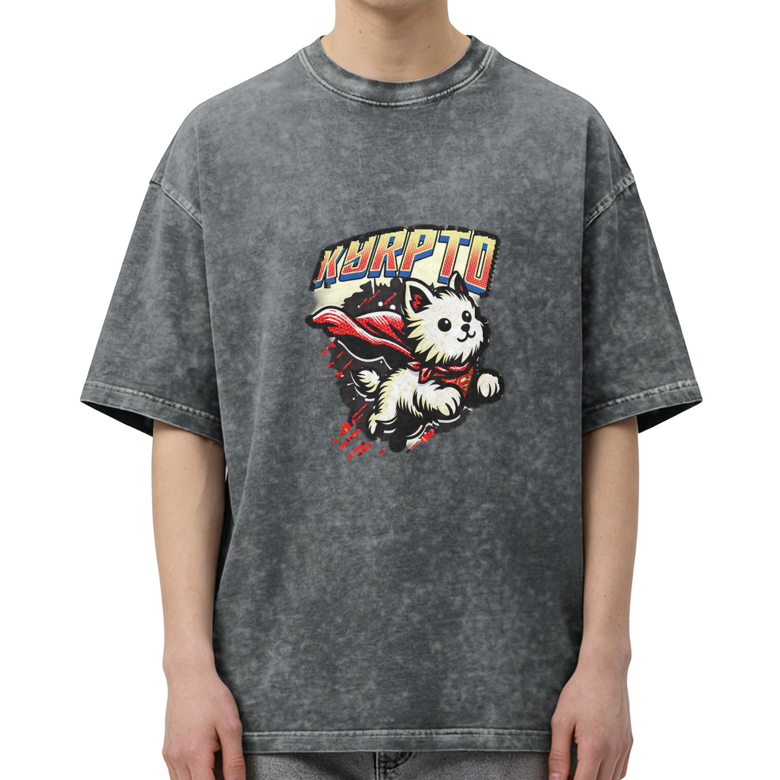 Washed Black Oversized T-Shirt with Superhero Flying Puppy Graphic