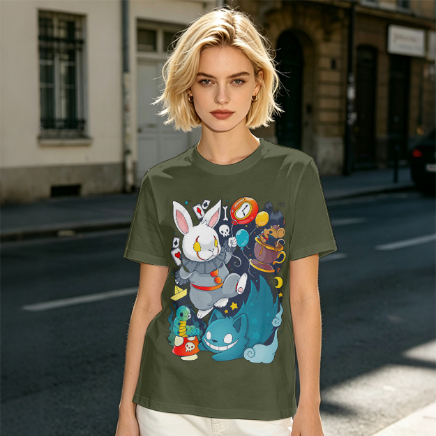 Alice in Wonderland Themed Graphic T-Shirt with Whimsical Characters