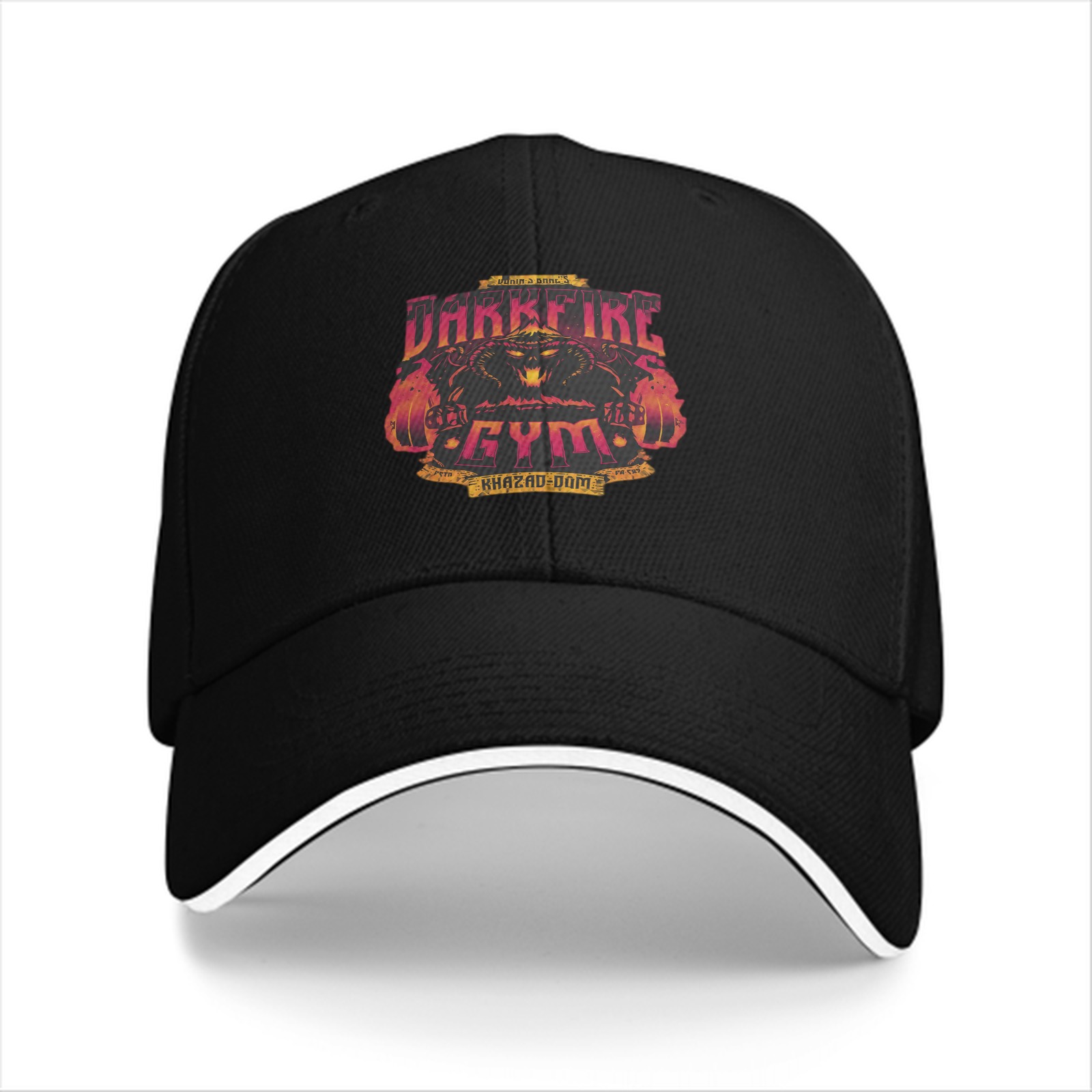 Black baseball cap with Darkfire Gym Khazad-dam graphic print