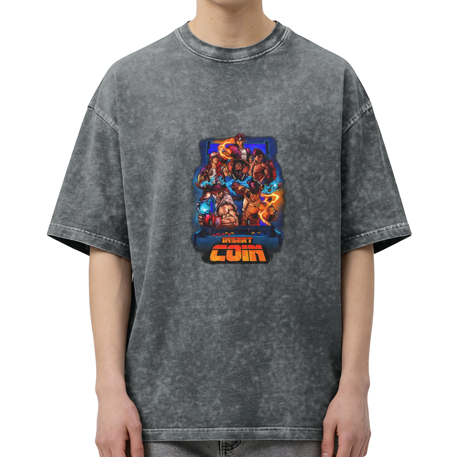 Retro Arcade Fighter Insert Coin Graphic Acid Wash T-Shirt