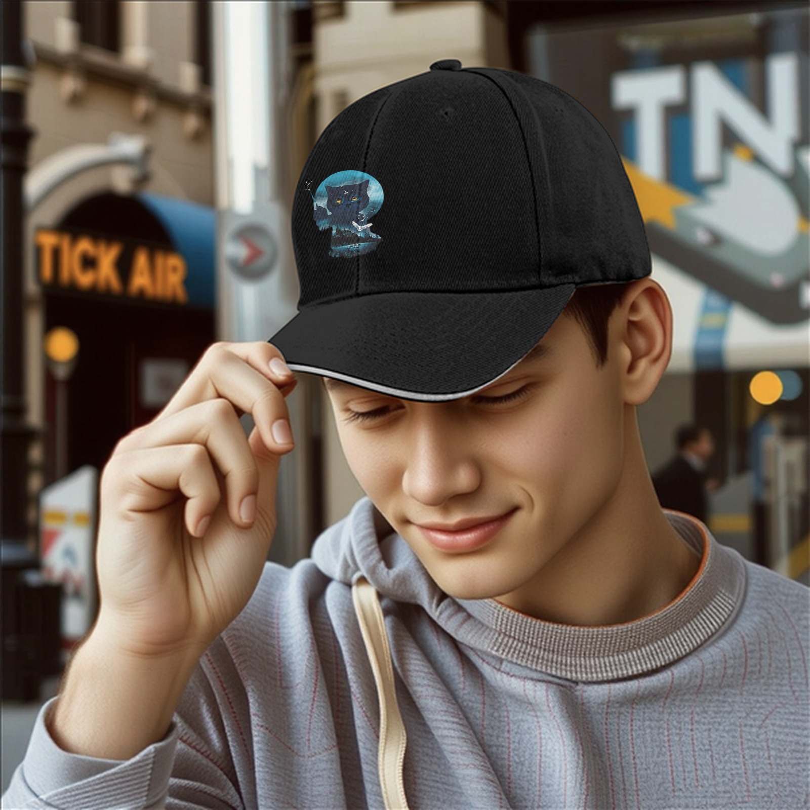 Black Baseball Cap With Mystical Owl Moon Graphic Design