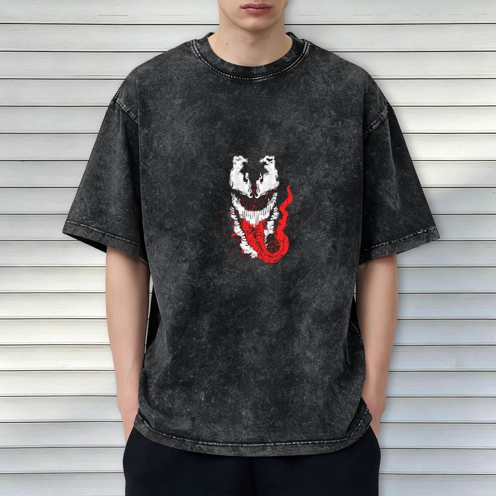 Oversized Acid Wash T-Shirt with Venom Graphic Print