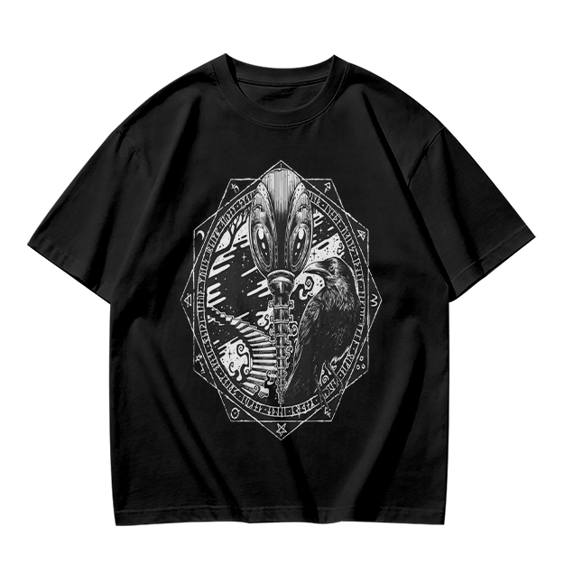Olive Green T-Shirt With Alien Raven Occult Graphic Print
