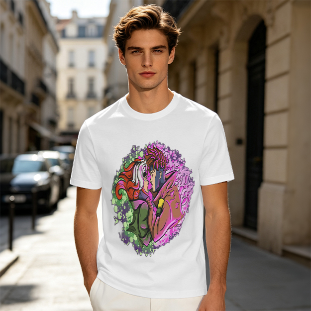 Olive T-Shirt with Gambit and Rogue Superhero Art Print