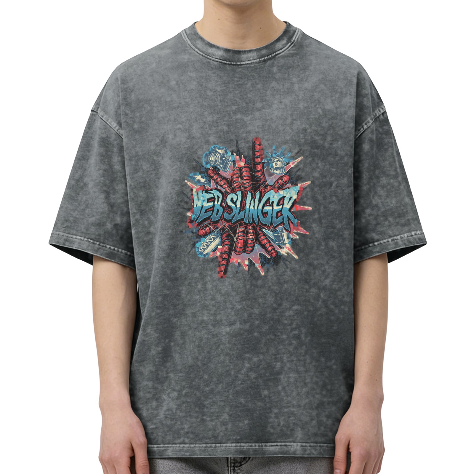 Web Slinger Graphic Black Acid Wash Oversized T-Shirt