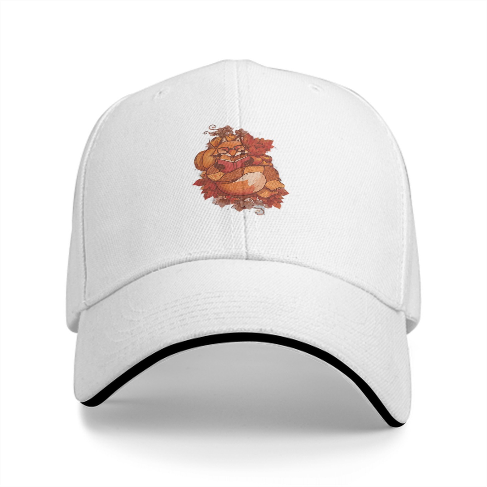 Black Baseball Cap with Autumn Fox and Pumpkin Graphic