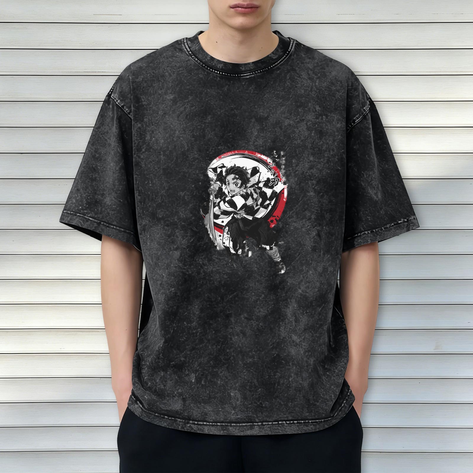 Demon Slayer: Kimetsu no Yaiba Tanjiro themed distressed washed black short-sleeved T-shirt