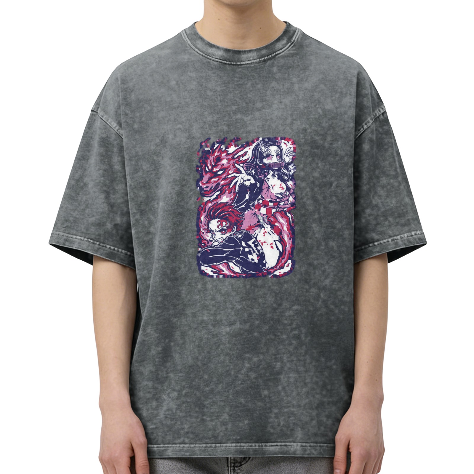 Demon Slayer themed distressed washed black loose short-sleeved T-shirt