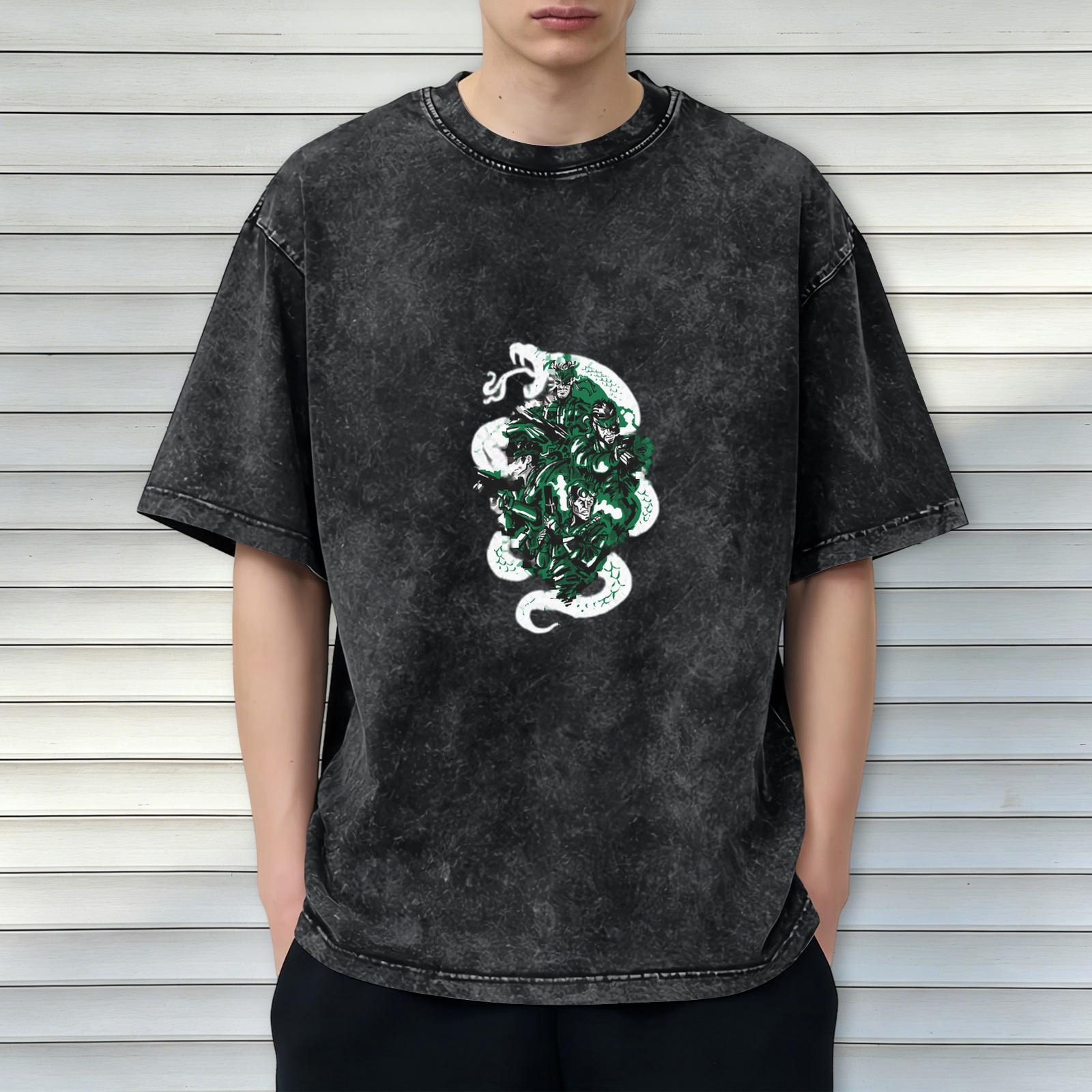 Oversized Acid Wash T-Shirt With Green Anime Character Graphic