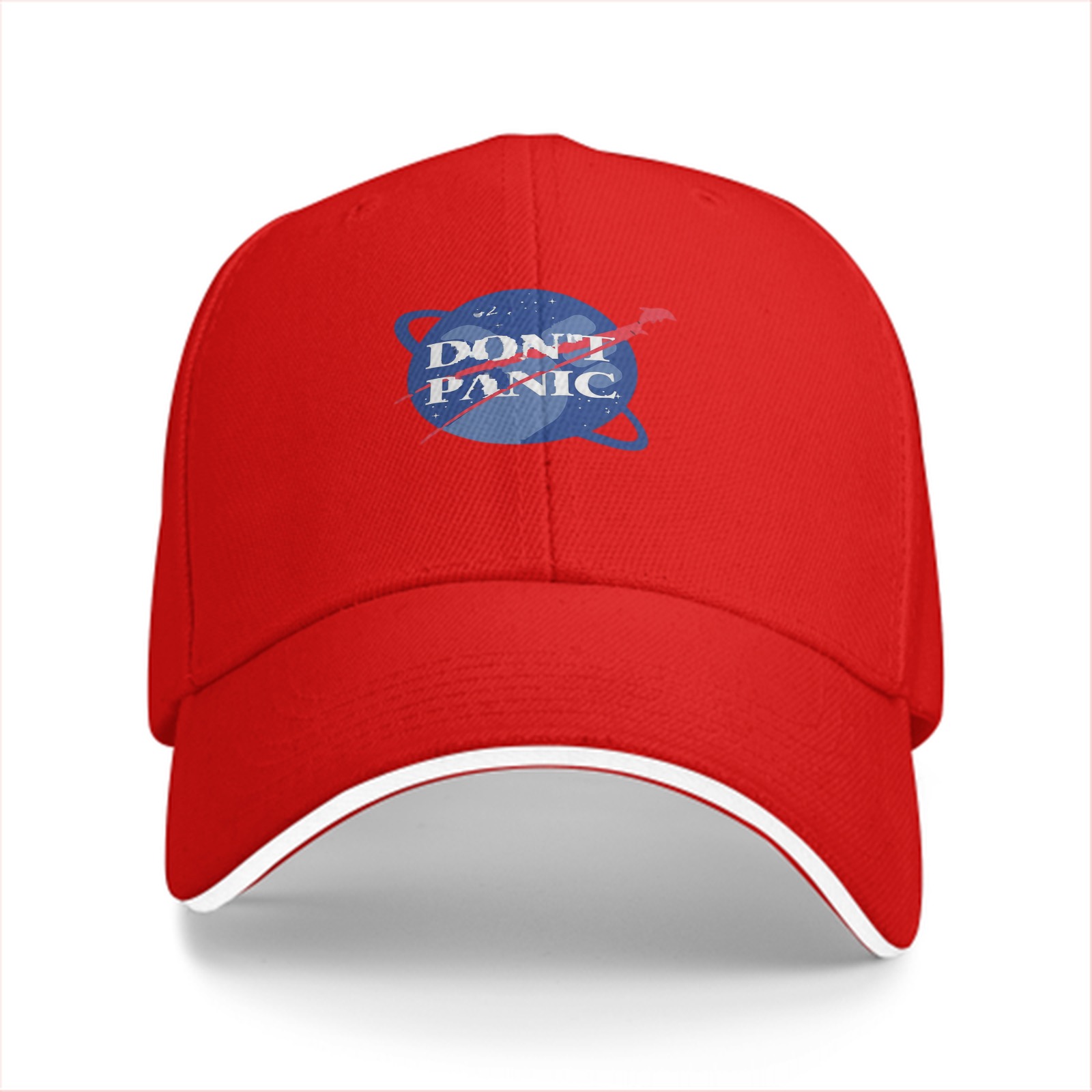 Black baseball cap with Don't Panic NASA-style space graphic