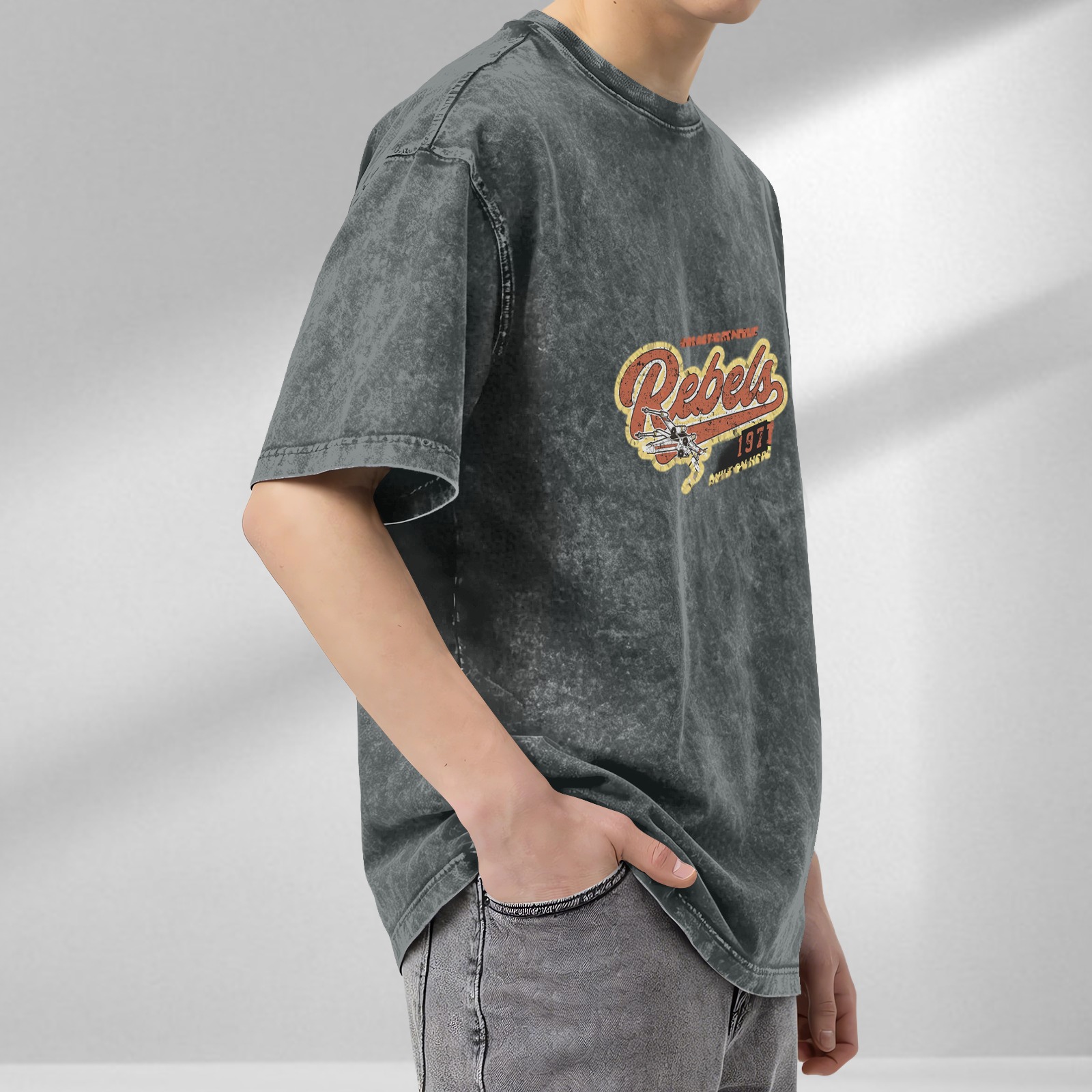 Distressed washed black Rebels theme printed loose short-sleeved T-shirt