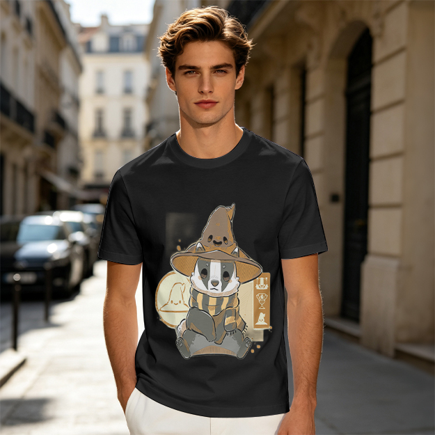 Olive T-Shirt With Cute Wizard Badger Graphic Print