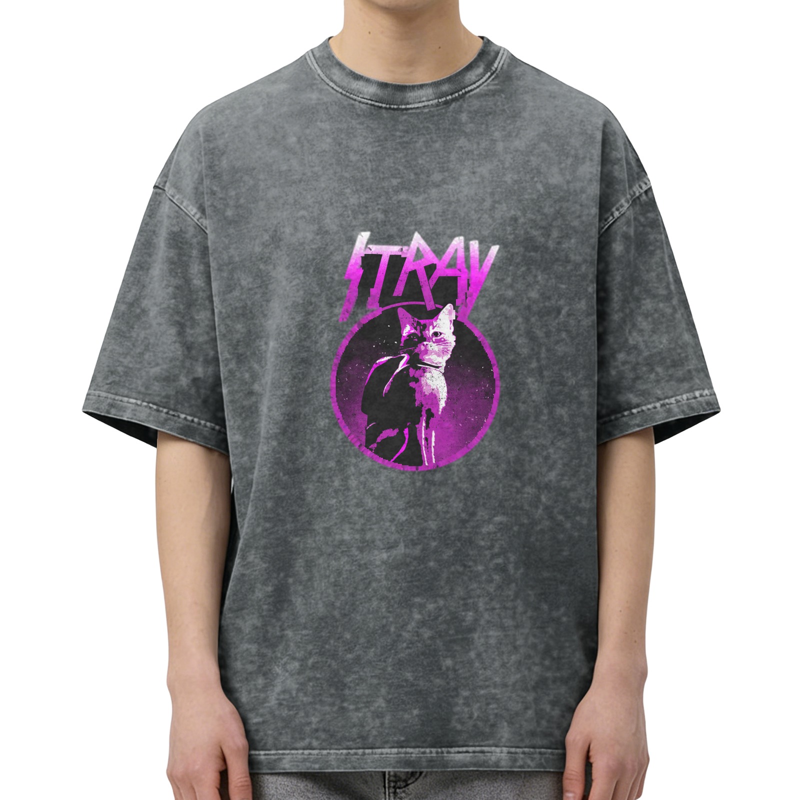 Stray Game Cat Graphic Acid Wash Black T-Shirt