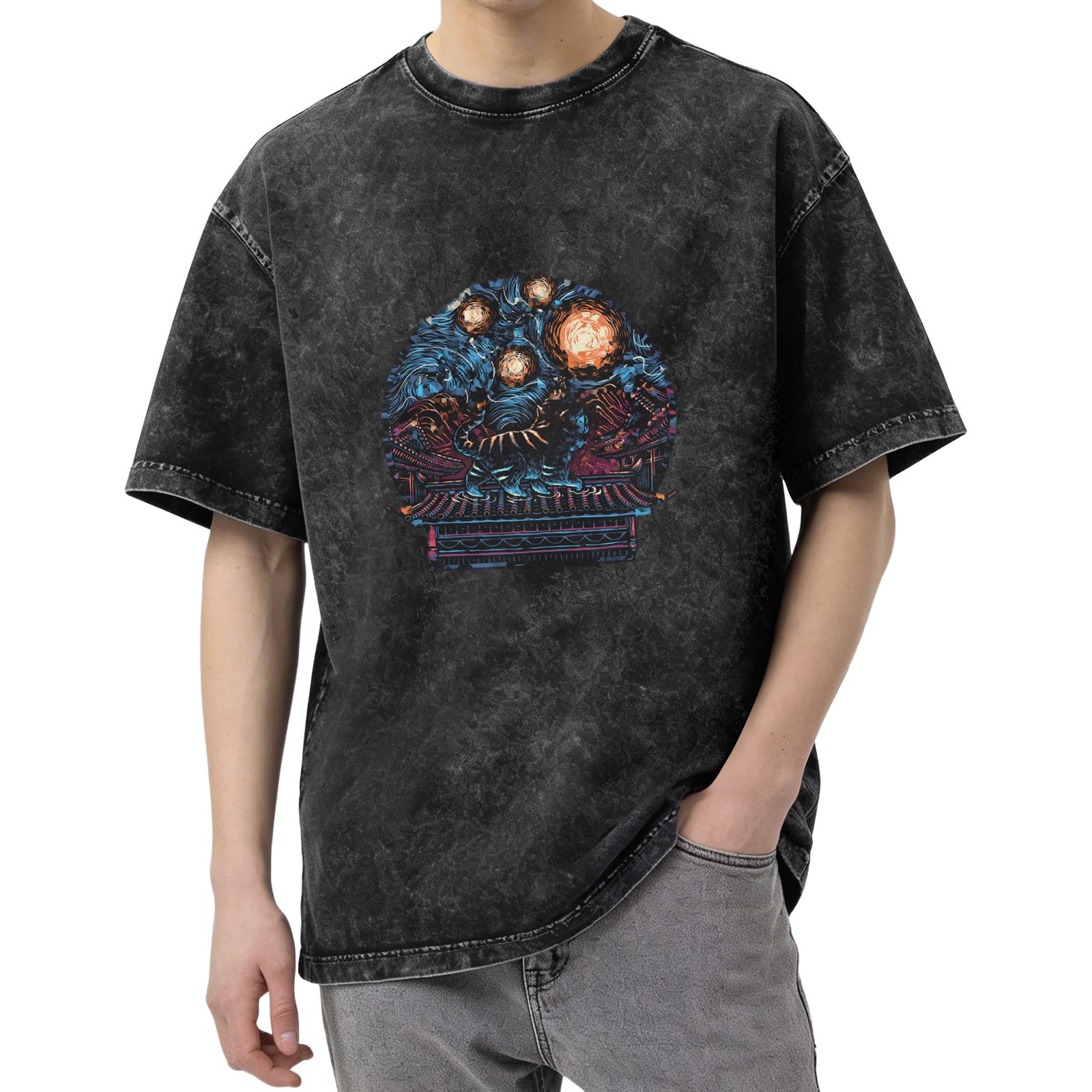 Washed Black Graphic T-Shirt With Mystical Cosmic Art Print
