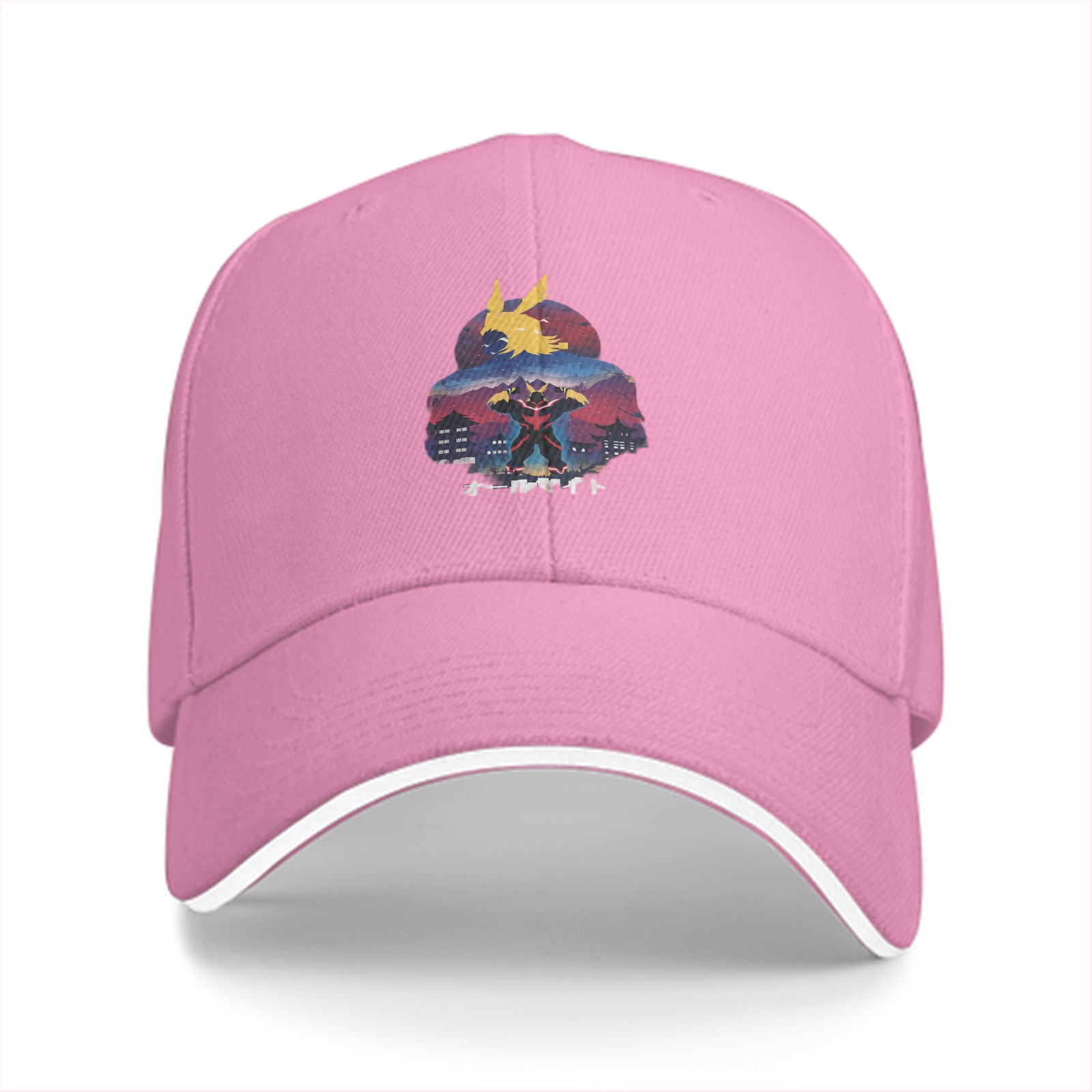 Black baseball cap with anime hero graphic print