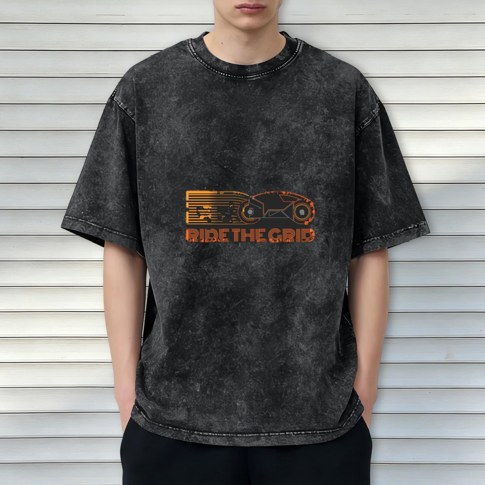 Oversized Acid Wash T-Shirt With Tron Lightcycle 'Ride The Grid' Print