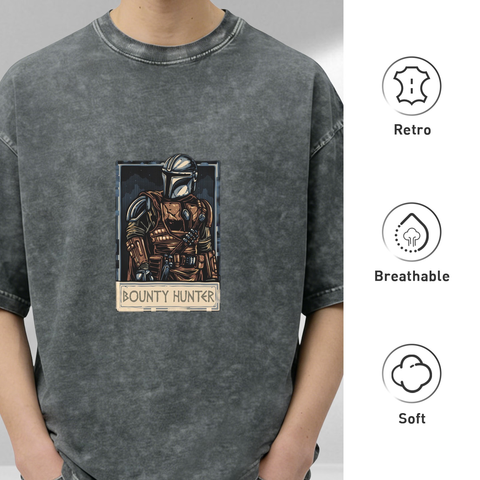 Washed Black T-Shirt With Mandalorian Bounty Hunter Print