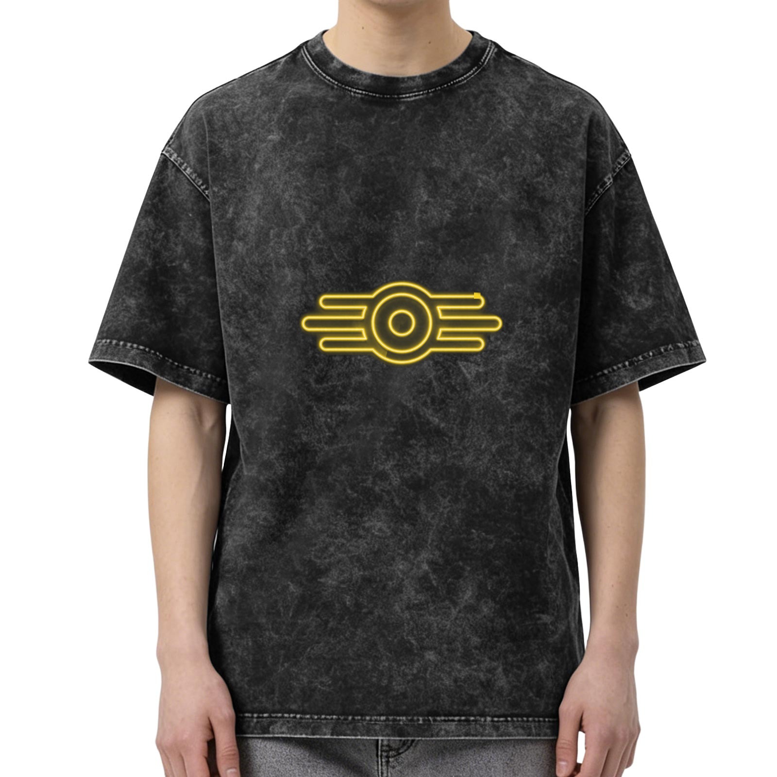 Washed Black Oversized T-Shirt With Neon Vault Boy Style Emblem