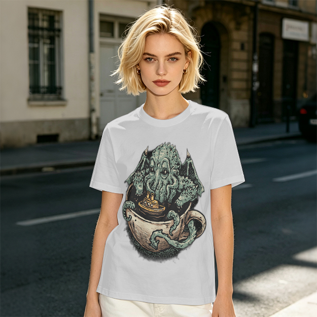 Cthulhu in a teacup with tiny ship graphic t-shirt