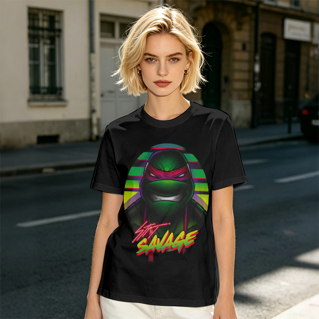 Olive T-Shirt with Retro Ninja Turtle 'Stay Savage' Graphic