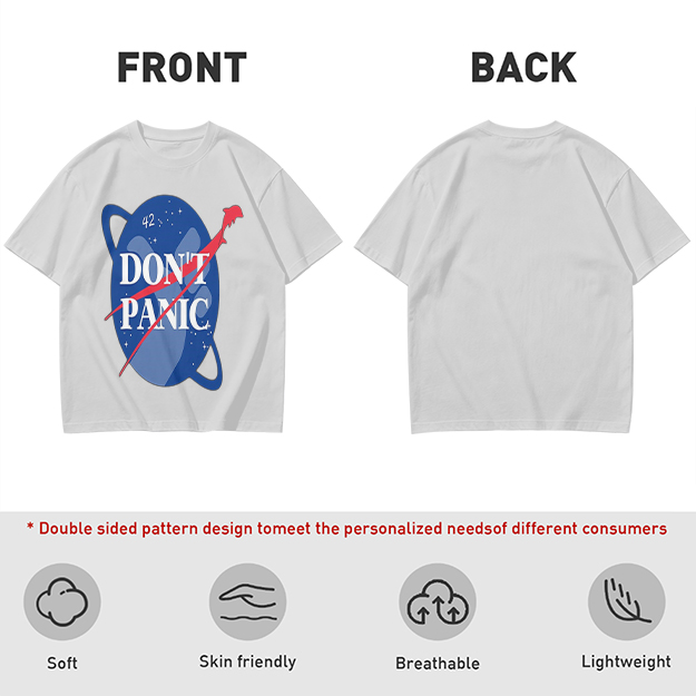 Olive green space-themed t-shirt with 'Don't Panic' print