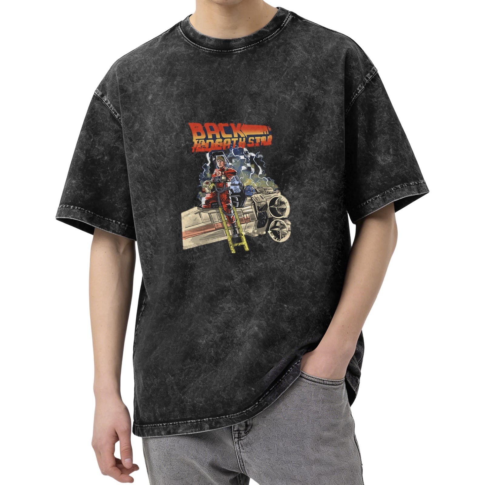 Distressed washed black retro printed short-sleeved T-shirt American street style loose casual top