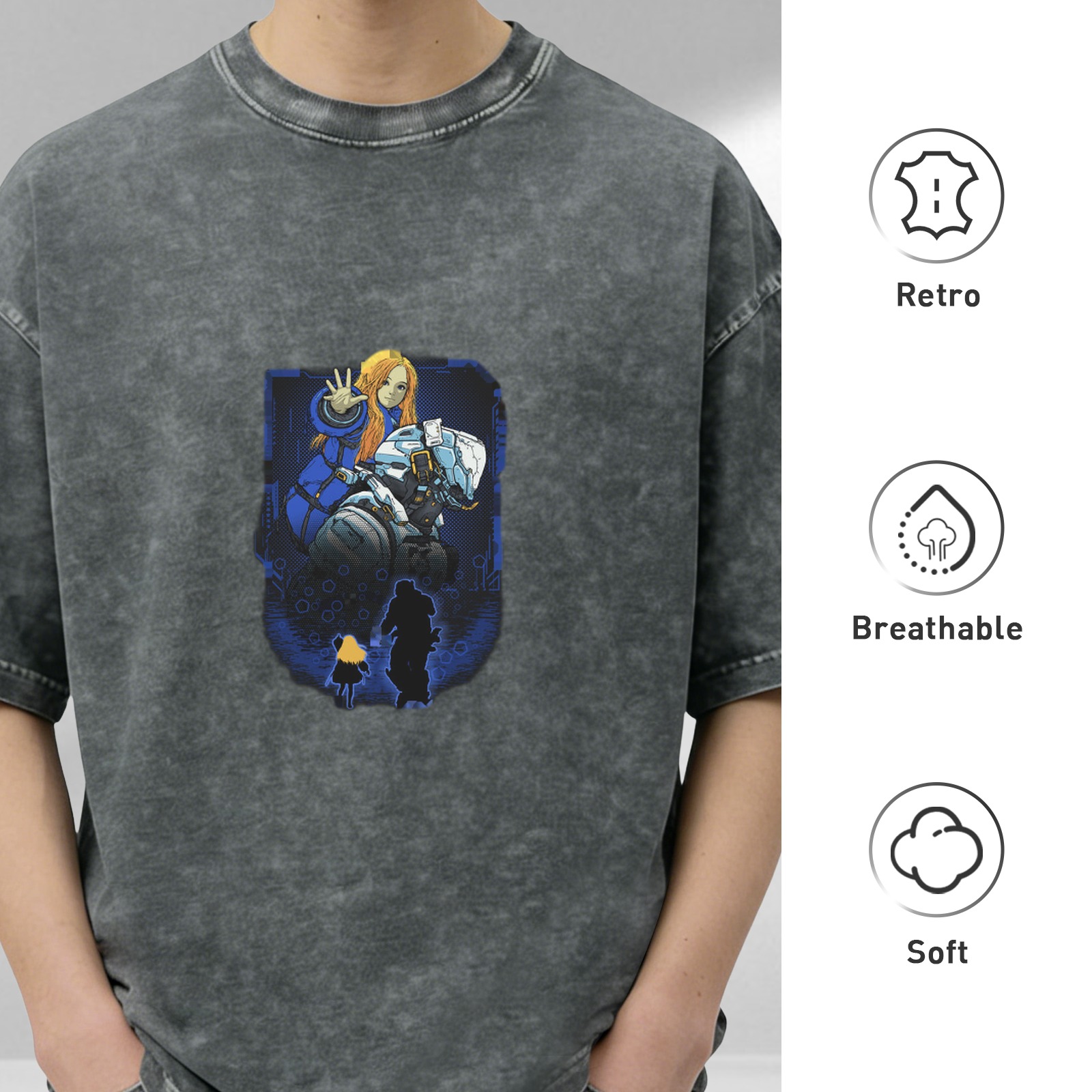 Washed Black T-Shirt With Sci-Fi Anime Character Graphic Print