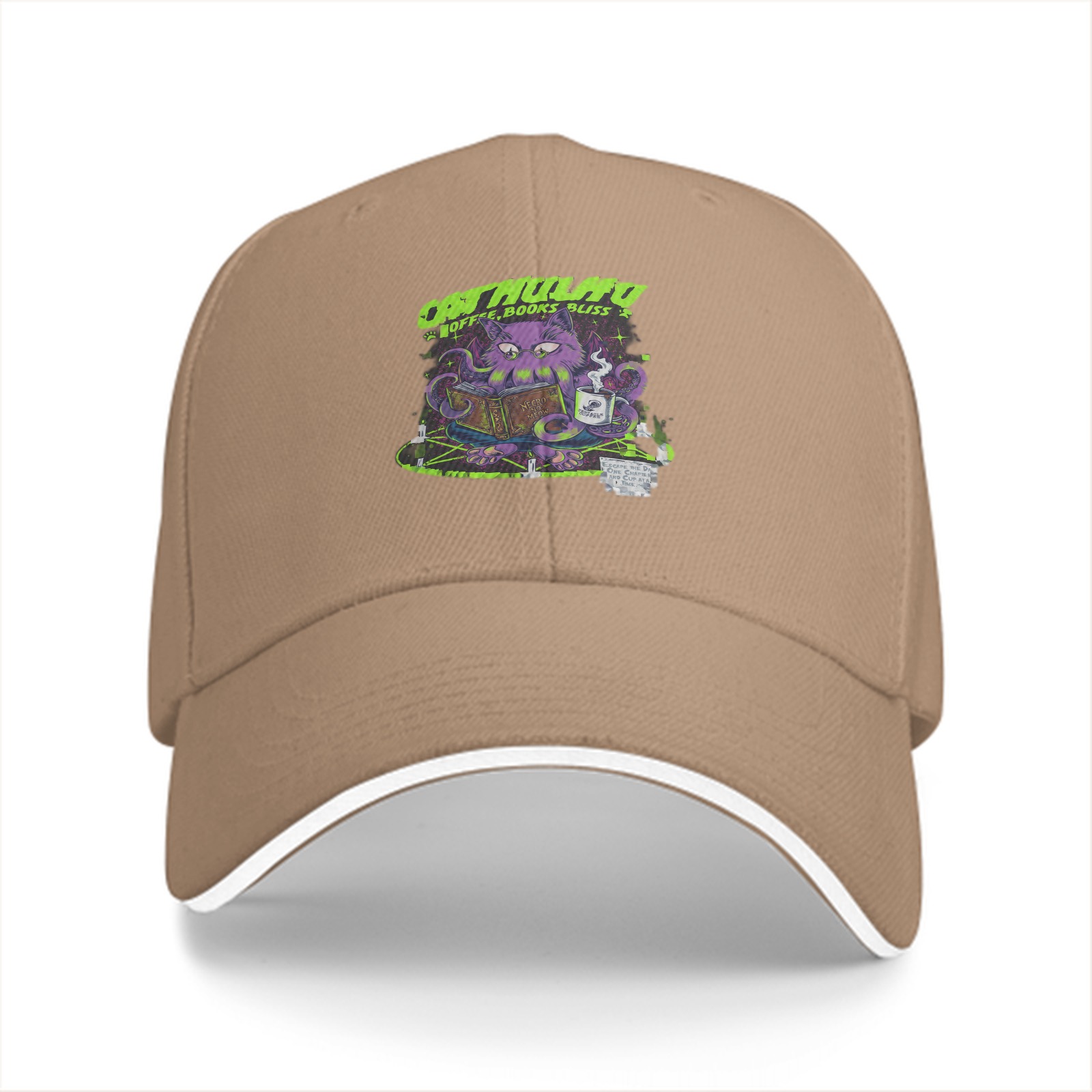 Black baseball cap with Cathulhu coffee and books graphic