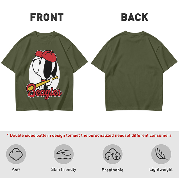 Olive green t-shirt with Snoopy baseball Beagles graphic