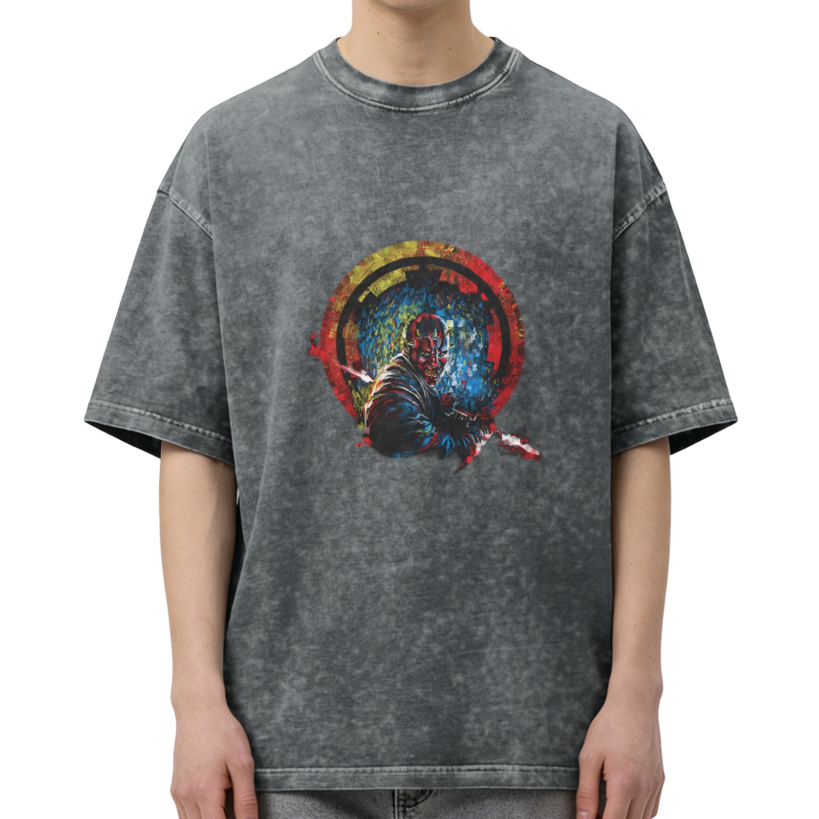 Oversized Acid Wash T-Shirt With Samurai Warrior Graphic