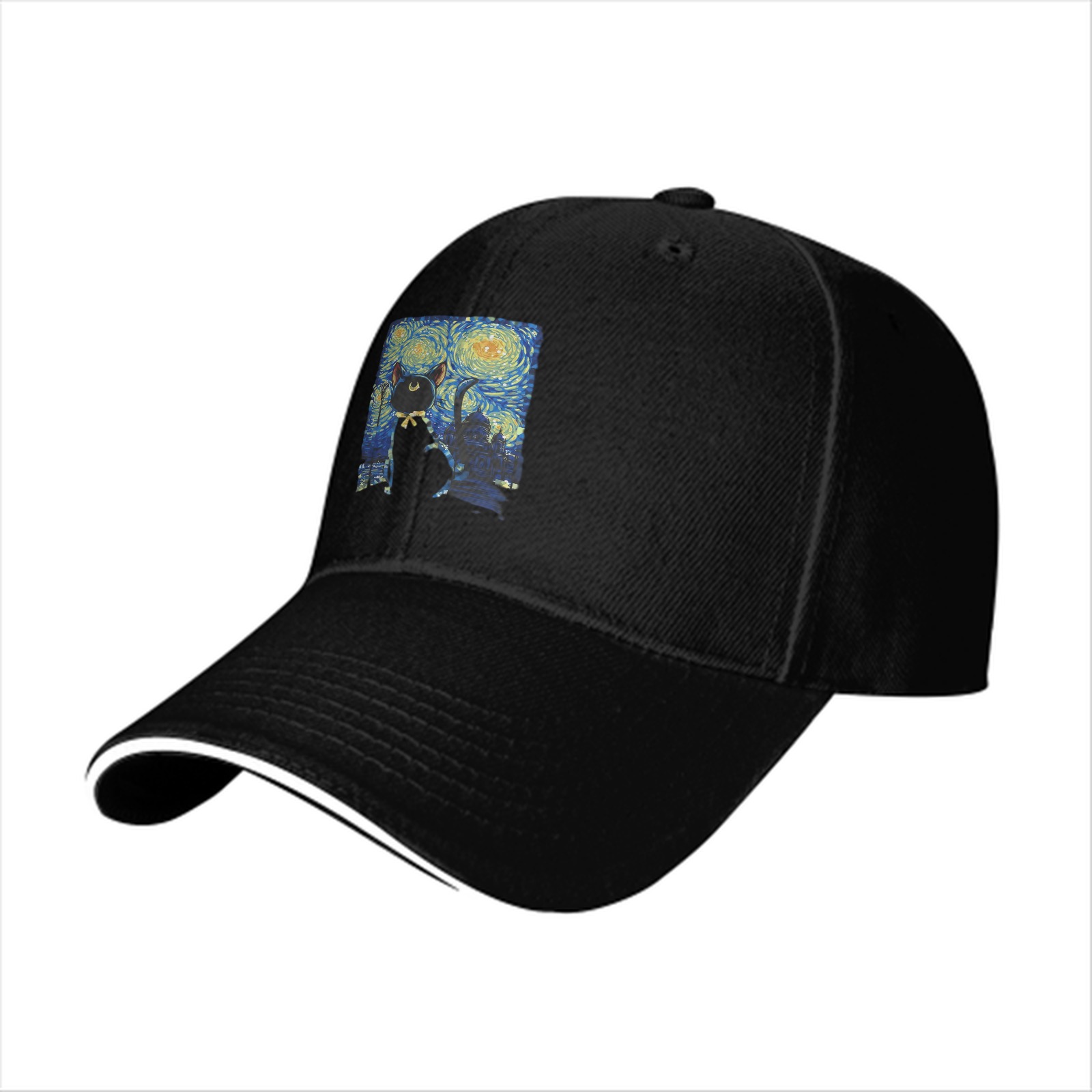 Black Baseball Cap With Starry Night Cat Art Print