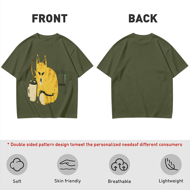 Olive T-Shirt With Grumpy Cat Holding Hot Coffee Print