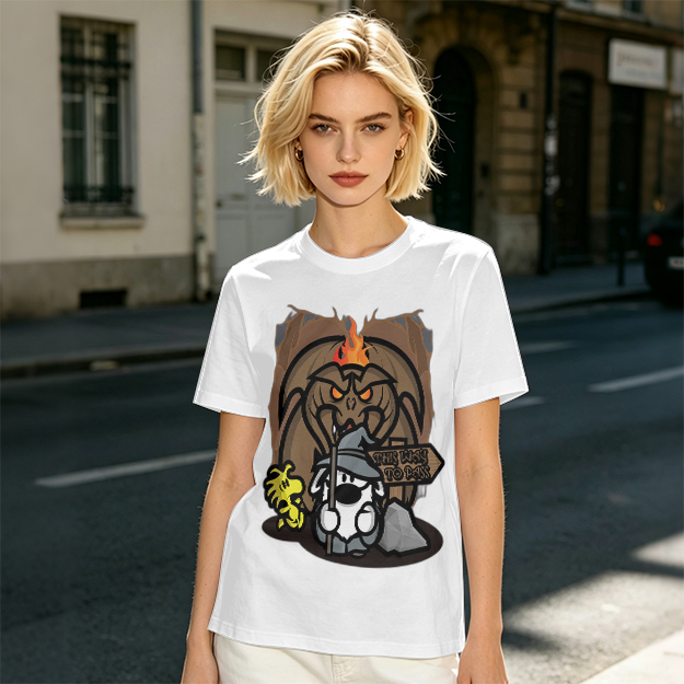 Olive t-shirt with wizard dog and dragon cave graphic