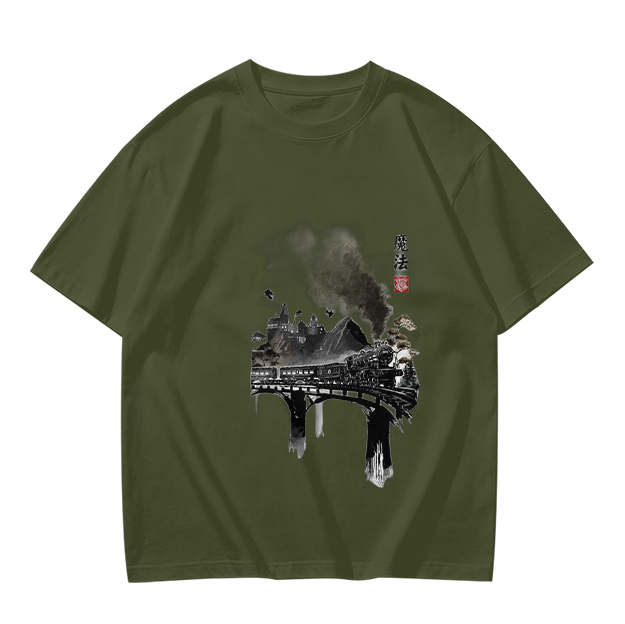 Olive green t-shirt with ink-style piano and landscape graphic