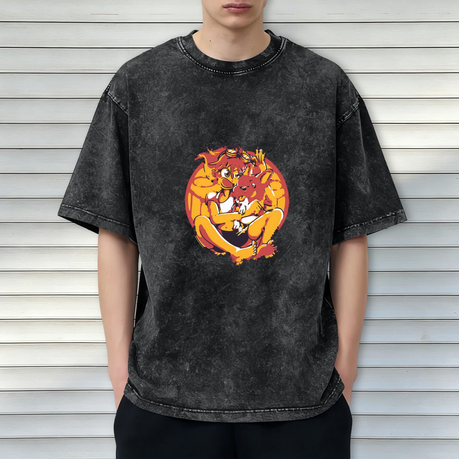 Washed black graphic t-shirt with anime-style character and animal print