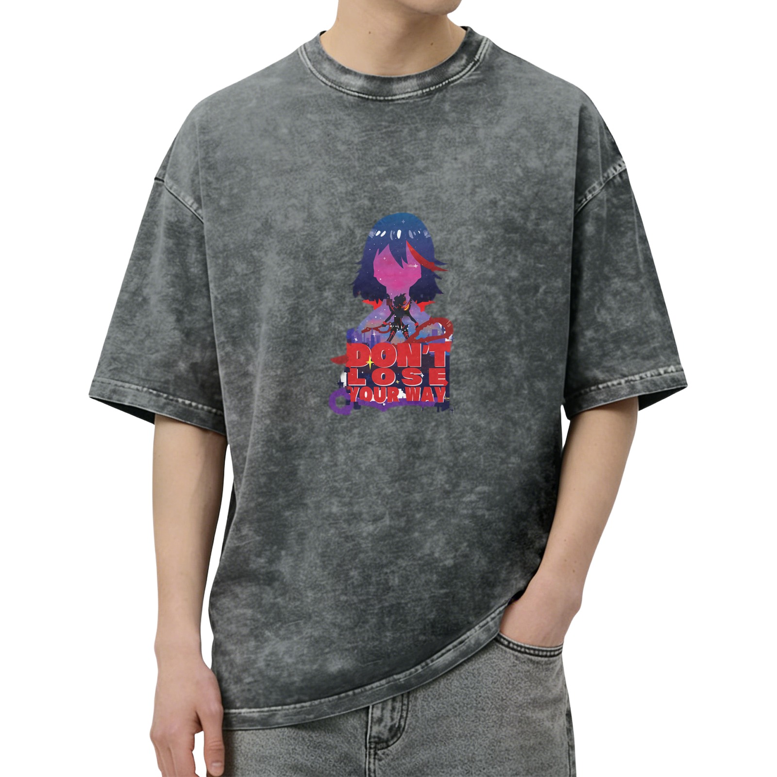 Washed black anime graphic t-shirt with don't lose your way text