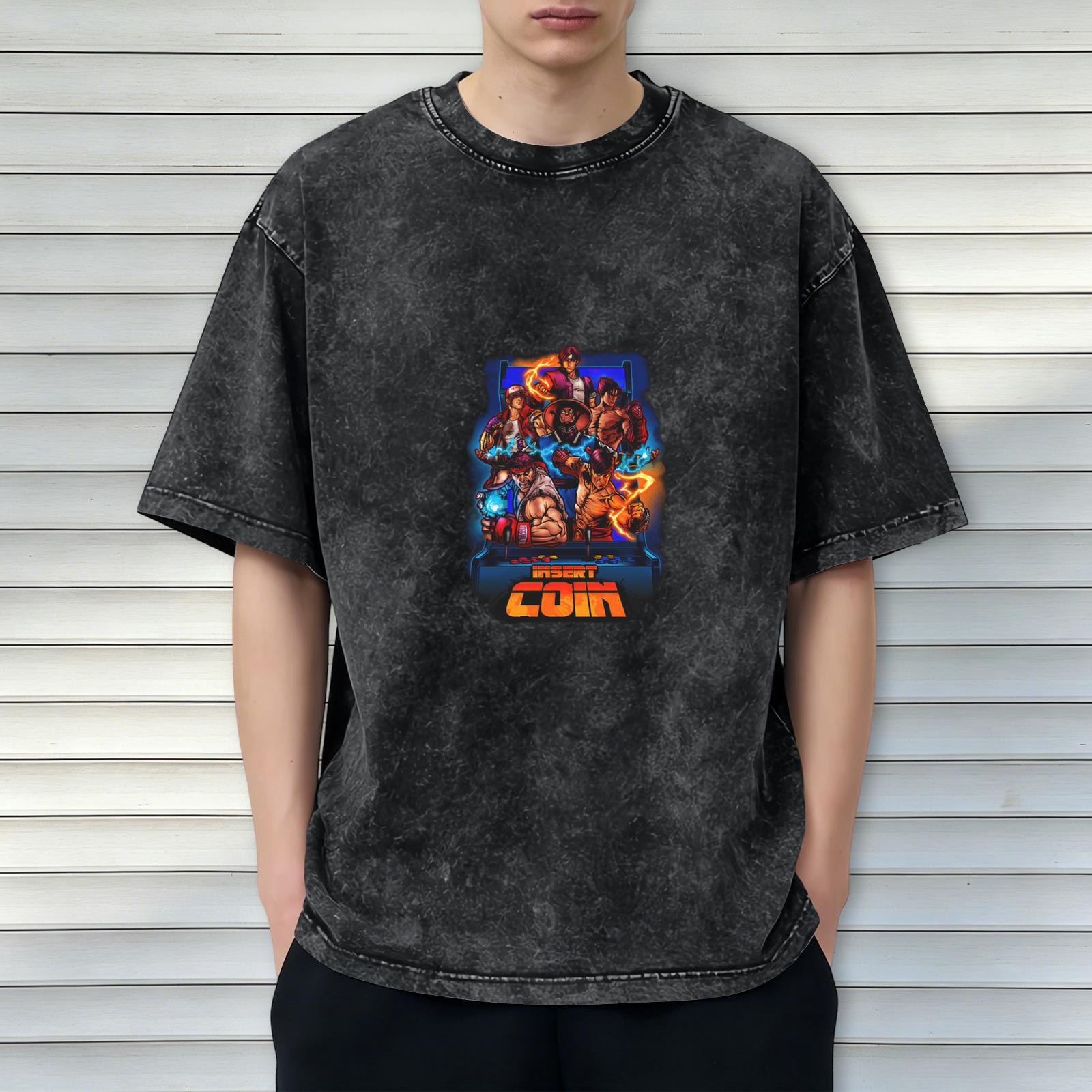 Retro Arcade Fighter Insert Coin Graphic Acid Wash T-Shirt