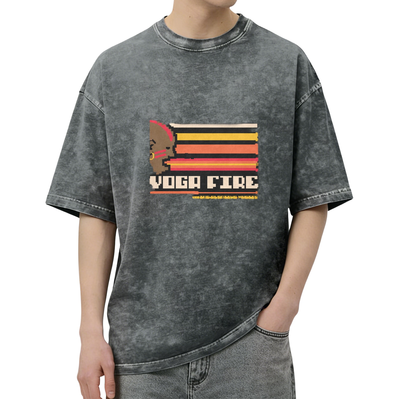 Voga Fire Graphic Acid Wash Black Short Sleeve T-Shirt